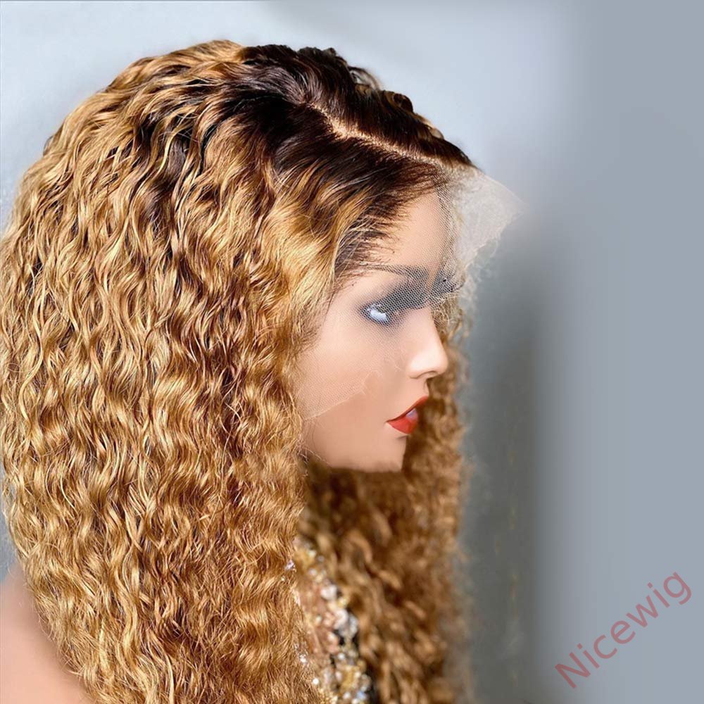 Black Gradient Light Brown Brazilian Water Wave Curly Wigs