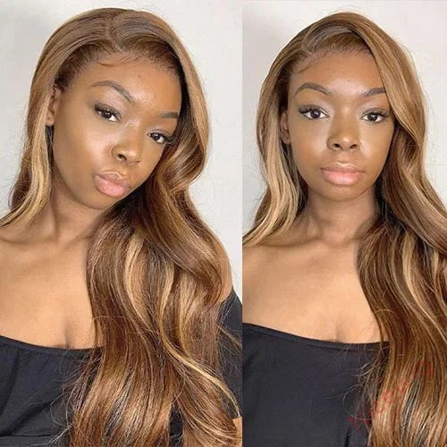 New Glueless Brown Mixed Blonde Highlights Loose Wave Long Wig