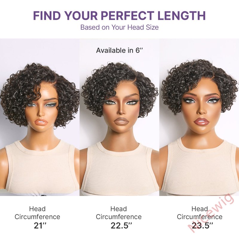 Natural Black / Brown Highlight Water Wave Pixie Cut Glueless Short Curly Wig