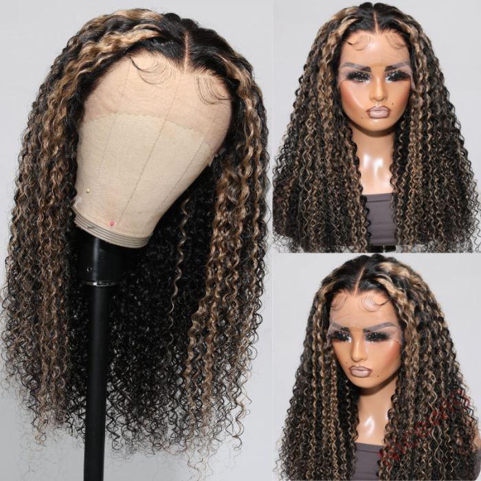 Glueless Black Mixed Brown Brazilian Water Wave Curly Wig