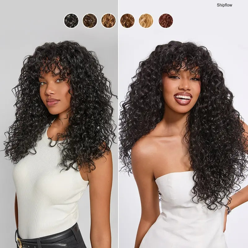 🔥Human Hair Curly Wig with Bangs – Shaggy Waves