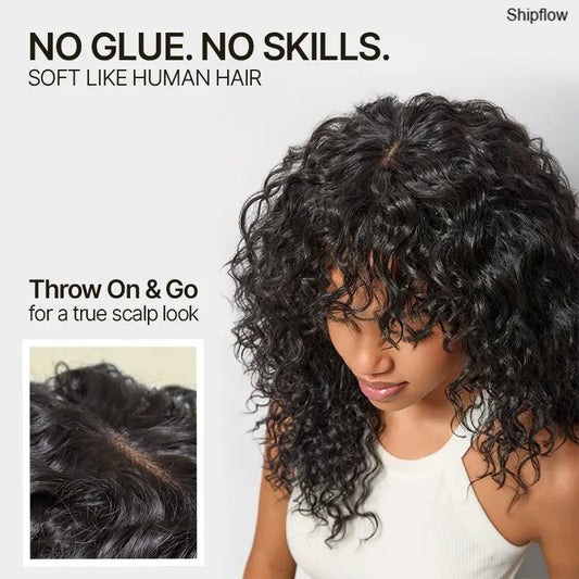 🔥Human Hair Curly Wig with Bangs – Shaggy Waves