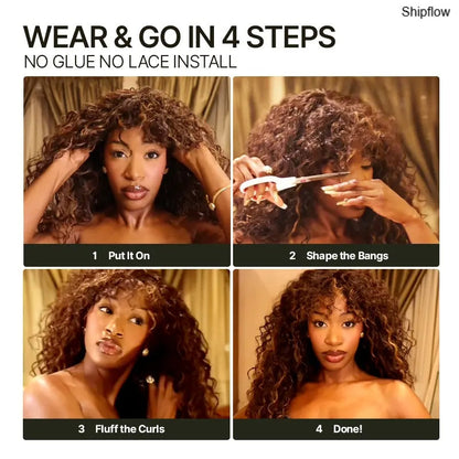 🔥Human Hair Curly Wig with Bangs – Shaggy Waves