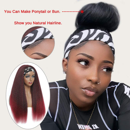 T1B/Bug Black Gradient Wine Red Kinky Straight Long Hair Headband Glueless Wig