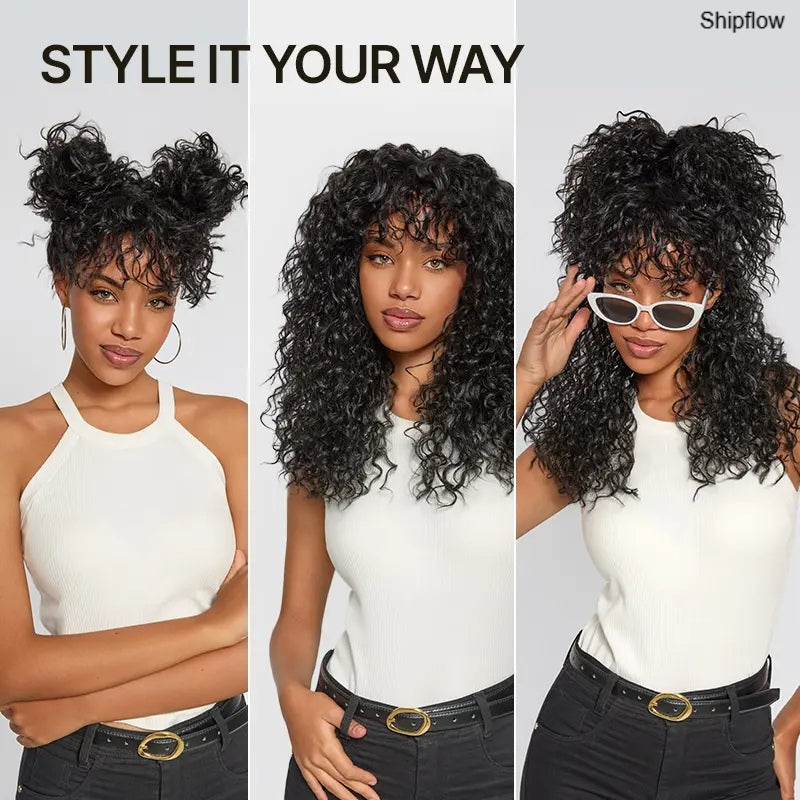 🔥Human Hair Curly Wig with Bangs – Shaggy Waves