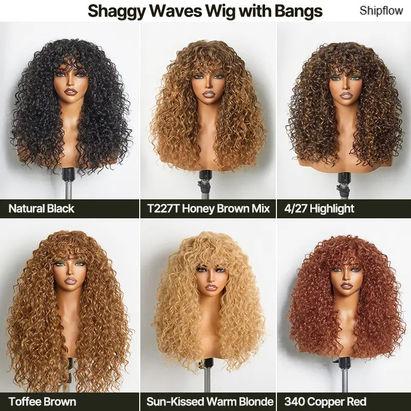 🔥Human Hair Curly Wig with Bangs – Shaggy Waves
