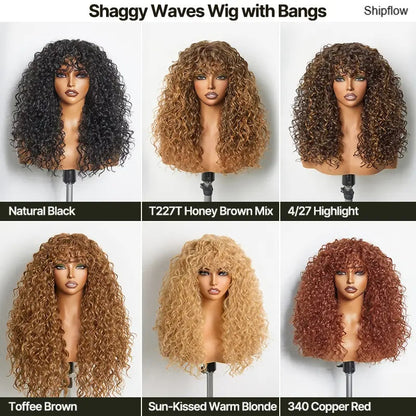 🔥Human Hair Curly Wig with Bangs – Shaggy Waves