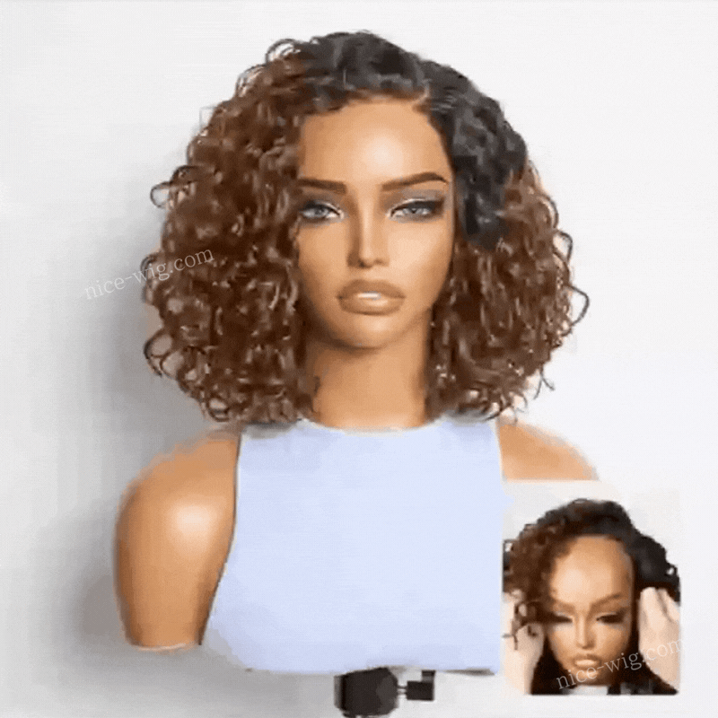 Ready to Go Blonde Highlight / Natural Black / Ombre Brown Water Wave Short Curly Bob Wig Glueless Wig