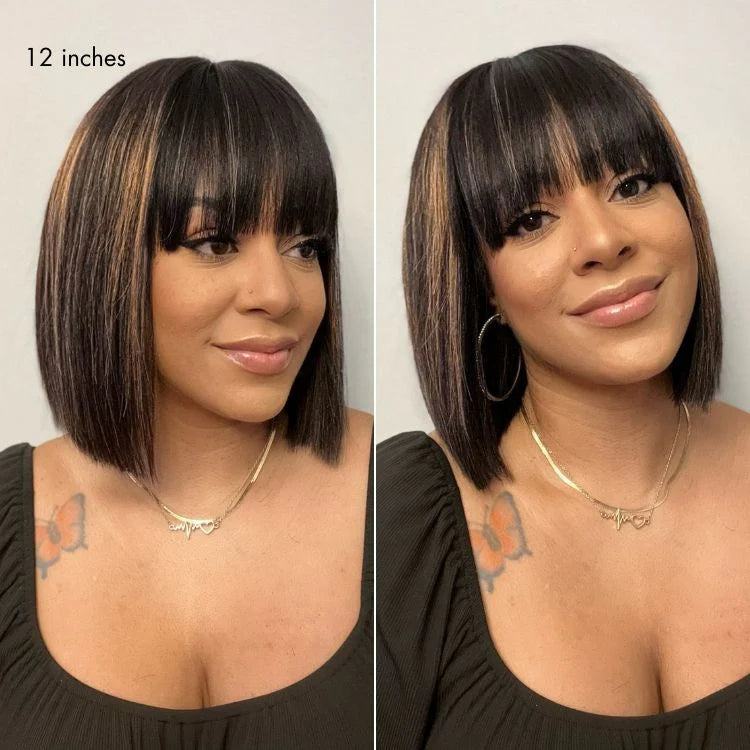 Hightlight Glueless Short Bob With Bangs Straight Wigs
