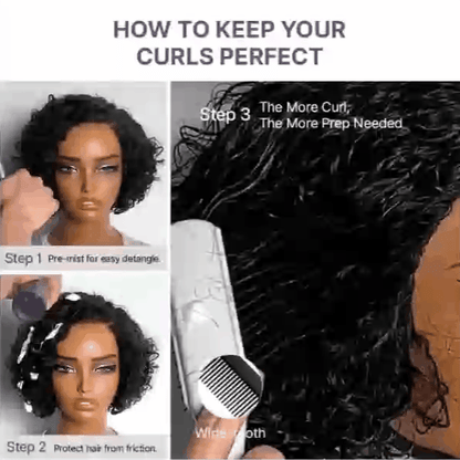 Natural Black / Brown Highlight Water Wave Pixie Cut Glueless Short Curly Wig