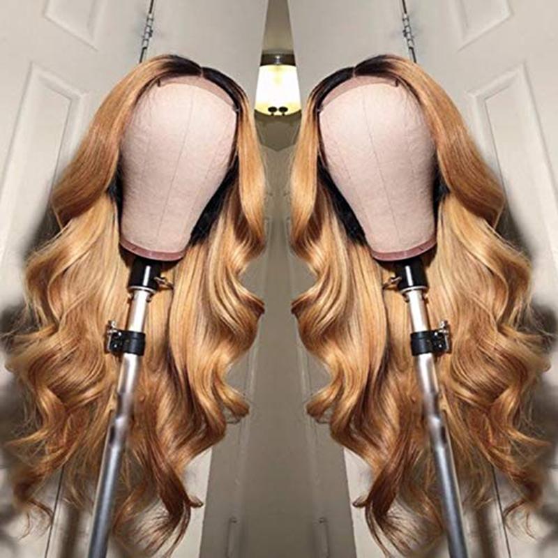 Hightlight Black Gradient Gold Long Hair Body Wave Wig