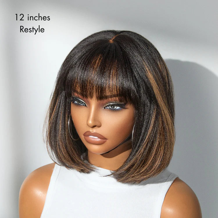 Hightlight Glueless Short Bob With Bangs Straight Wigs