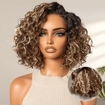Ready to Go Blonde Highlight / Natural Black / Ombre Brown Water Wave Short Curly Bob Wig Glueless Wig