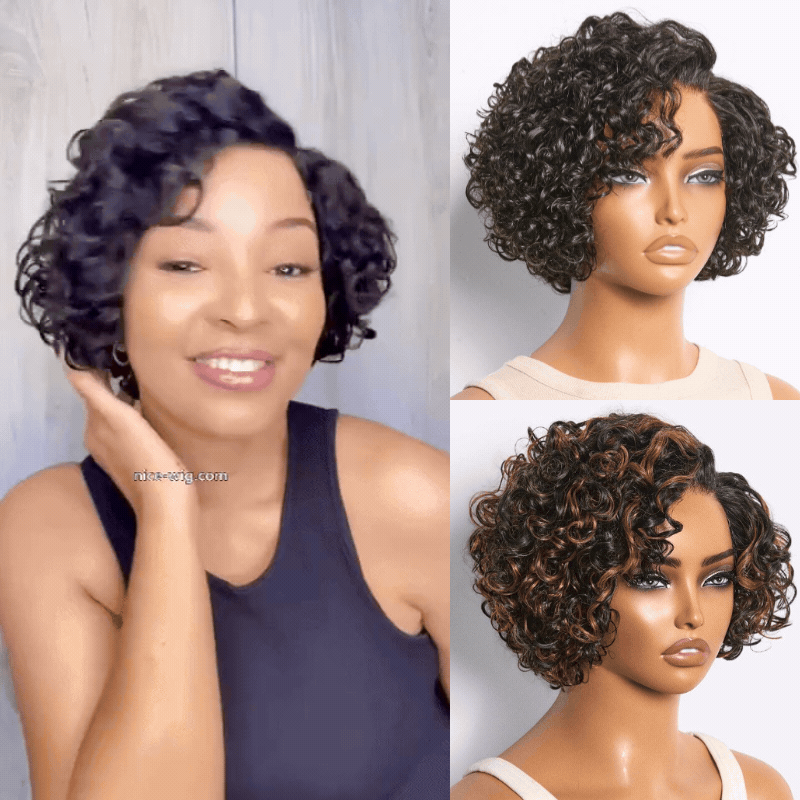 Natural Black / Brown Highlight Water Wave Pixie Cut Glueless Short Curly Wig