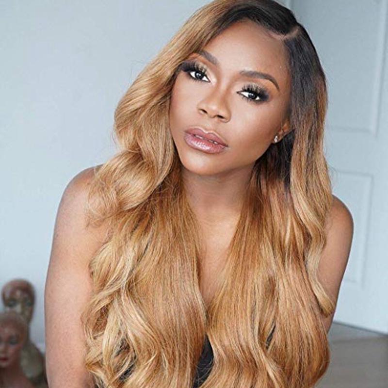 Hightlight Black Gradient Gold Long Hair Body Wave Wig