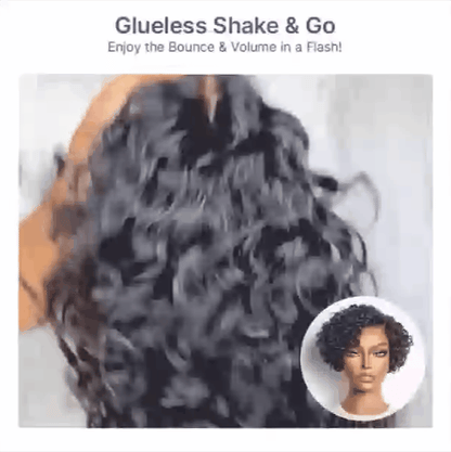 Natural Black / Brown Highlight Water Wave Pixie Cut Glueless Short Curly Wig
