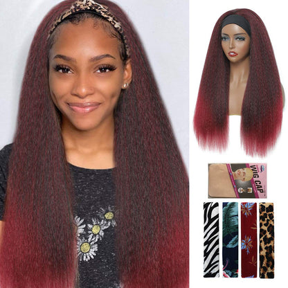 T1B/Bug Black Gradient Wine Red Kinky Straight Long Hair Headband Glueless Wig