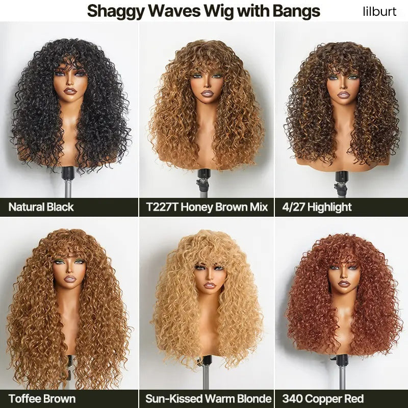 ✨Human Hair Curly Wig with Bangs – Shaggy Waves