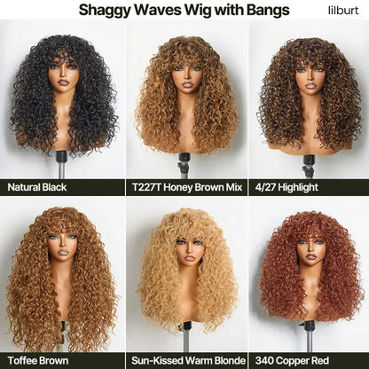 ✨Human Hair Curly Wig with Bangs – Shaggy Waves