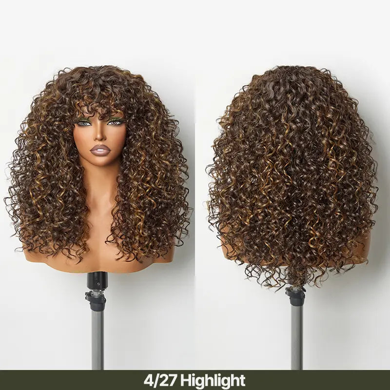 ✨Human Hair Curly Wig with Bangs – Shaggy Waves
