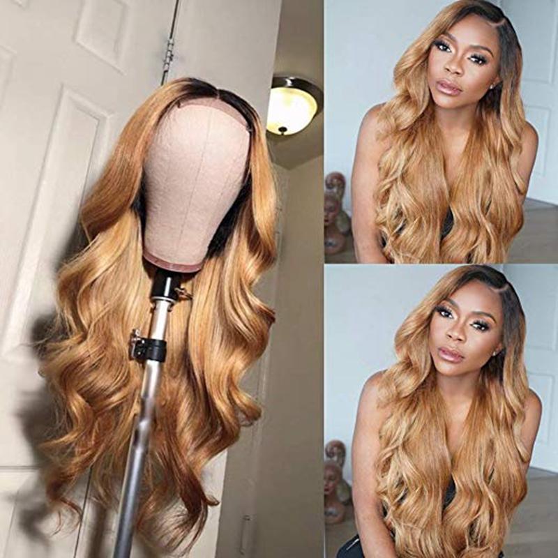 Hightlight Black Gradient Gold Long Hair Body Wave Wig