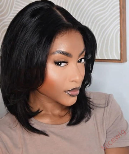Glueless French Bob Wig With Curtain Bangs Layered Cut Bob Wig