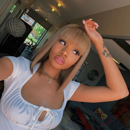 Short Straight Wig Light Brown Bob Wig With Bangs