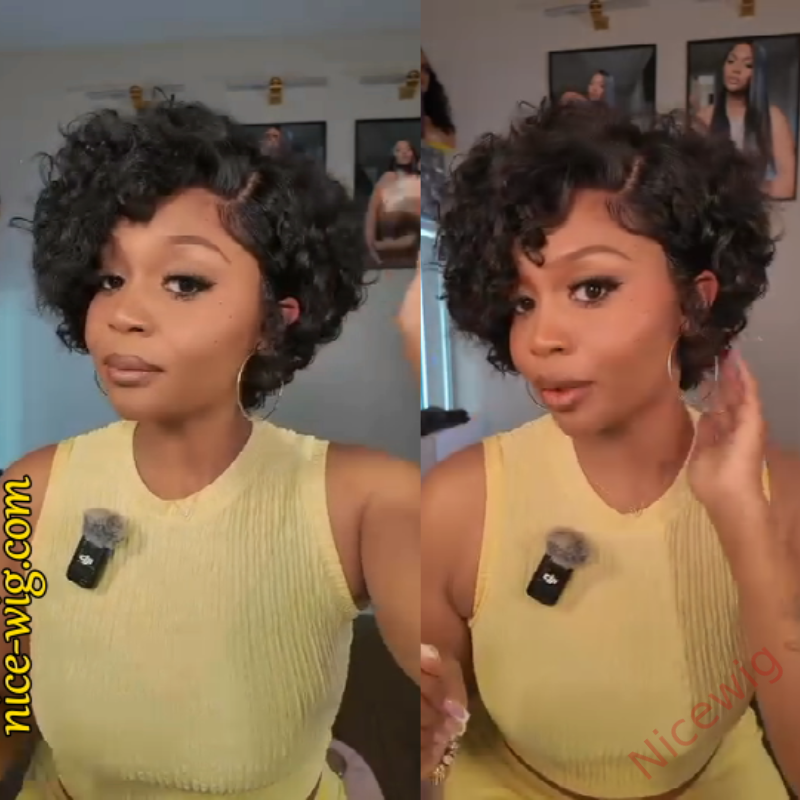 Natural Black / Brown Highlight Water Wave Pixie Cut Glueless Short Curly Wig