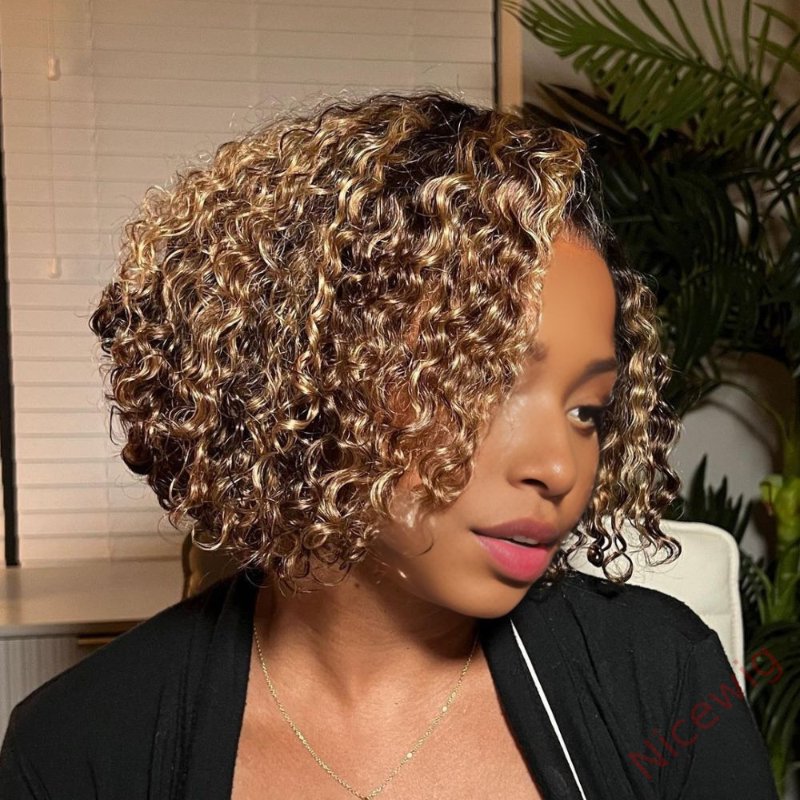 Golden Blonde Higlight Curly BOB Wig