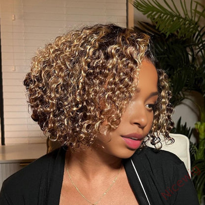 Golden Blonde Higlight Curly BOB Wig