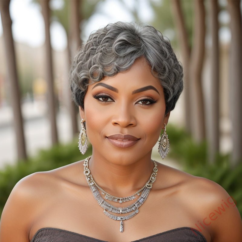 Salt & Pepper Edgy Pixie Cuts Glueless Wig
