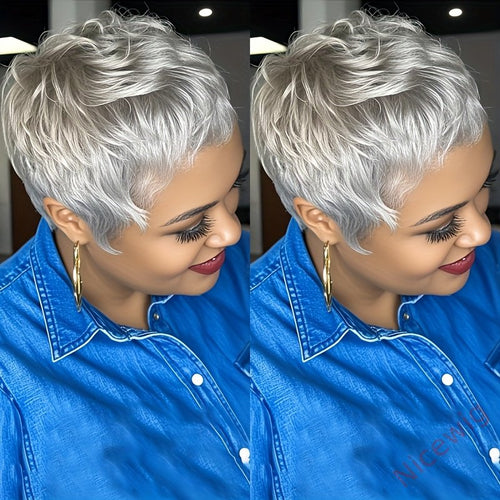 Short Straight Pixie Cut Wig Silvery Grey Brazilian Remy Hair