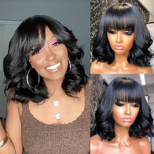 Natural Black Medium Hair Bob Body Wave Wig With Bangs