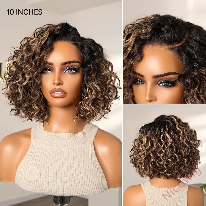 Ready to Go Blonde Highlight / Natural Black / Ombre Brown Water Wave Short Curly Bob Wig Glueless Wig
