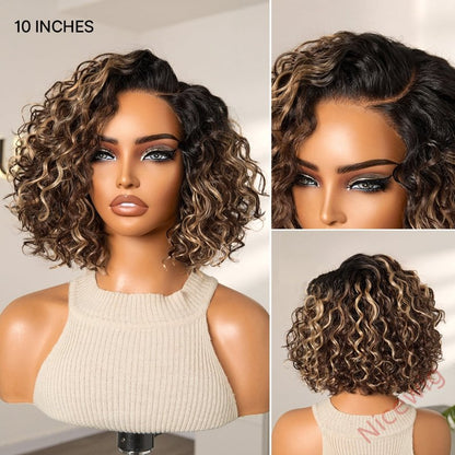 Ready to Go Blonde Highlight / Natural Black / Ombre Brown Water Wave Short Curly Bob Wig Glueless Wig