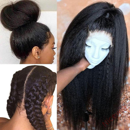 Kinky straight 200% density glueless brazilian black wigs with baby hair