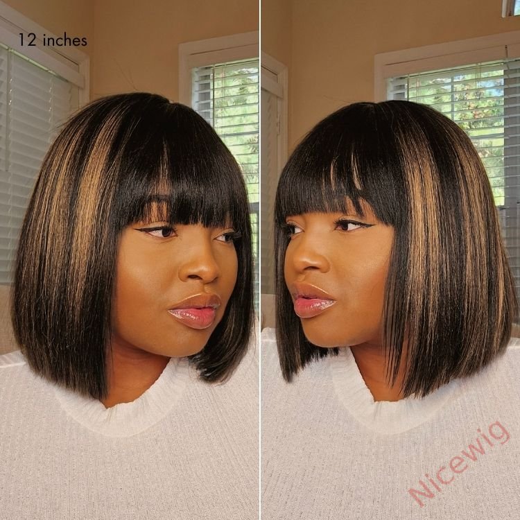 Hightlight Glueless Short Bob With Bangs Straight Wigs