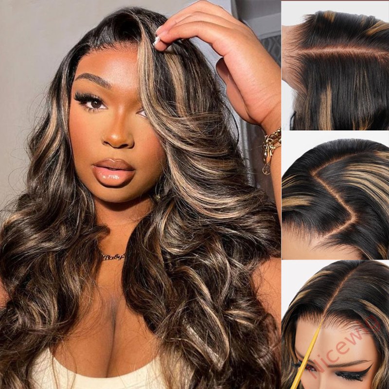 Glueless Brown Mixed Blonde Highlights Loose Wave Long Wig