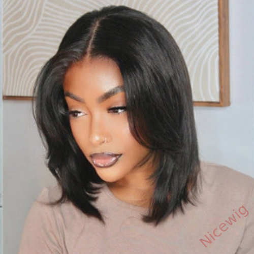 Glueless French Bob Wig With Curtain Bangs Layered Cut Bob Wig