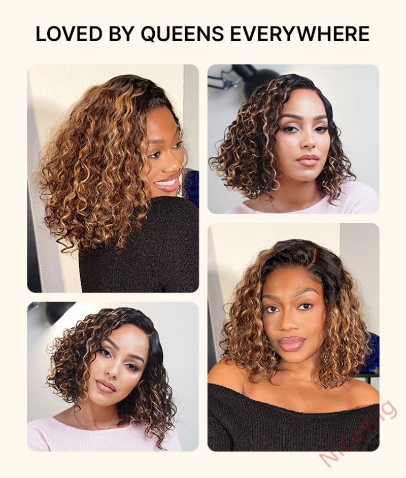 Ready to Go Blonde Highlight / Natural Black / Ombre Brown Water Wave Short Curly Bob Wig Glueless Wig