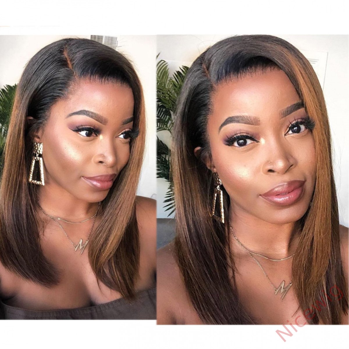 Black Gradient Dark Brown Brazilian Straight Hair BOB Wigs Lady Wig