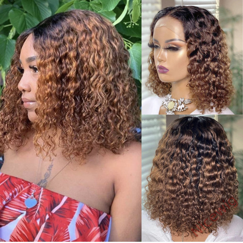 Black Gradient Light Brown Short Bob Centre Parting Curly Wig
