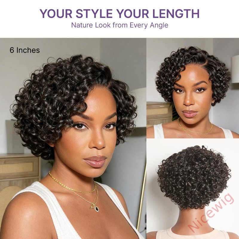Natural Black / Brown Highlight Water Wave Pixie Cut Glueless Short Curly Wig