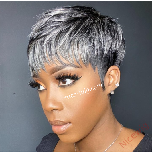 New Glueless Salt and Pepper Short Straight Pixe Cut Wig