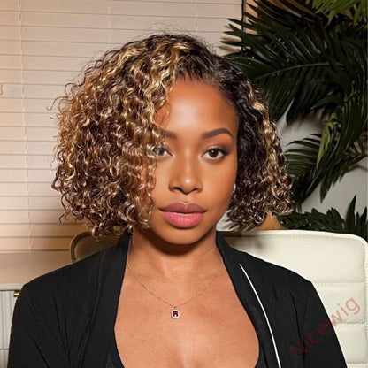 Golden Blonde Higlight Curly BOB Wig
