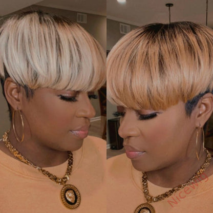 Black Gold Short Straight Bob Pixe Cut Hair