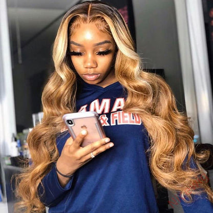 Brown Mixed Gold Body Wavy Hair Wig