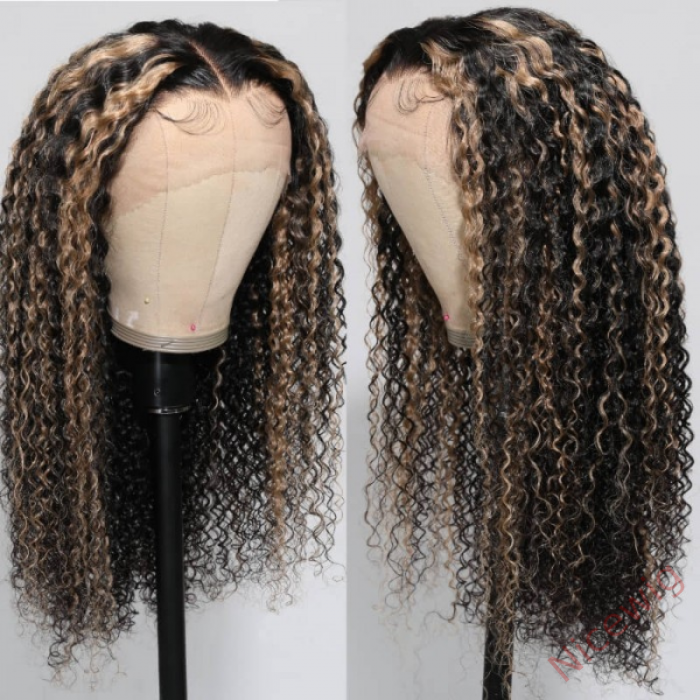 Glueless Black Mixed Brown Brazilian Water Wave Curly Wig