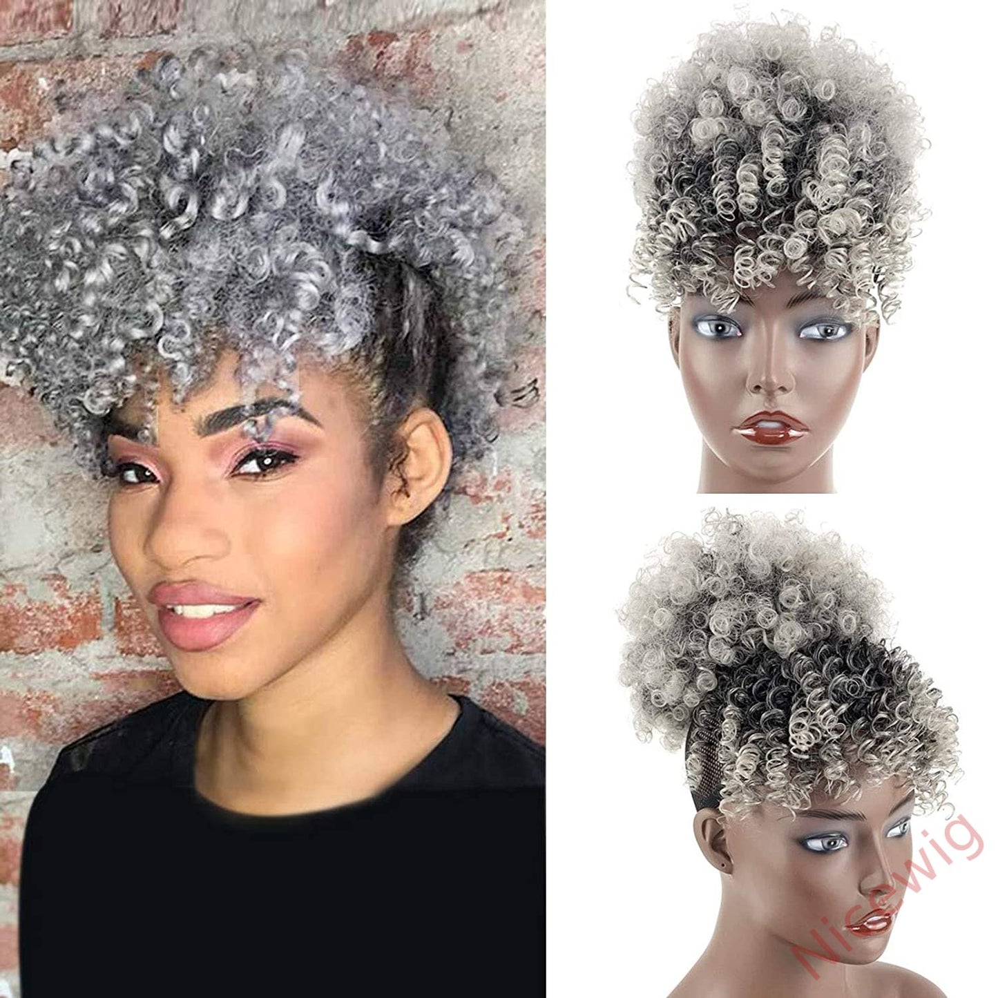 Gloden Blonde Afro Puff Drawstring Ponytail with Bangs Kinky Curly Hair Bun with Spring Curl Bangs Clip in Hairpieces