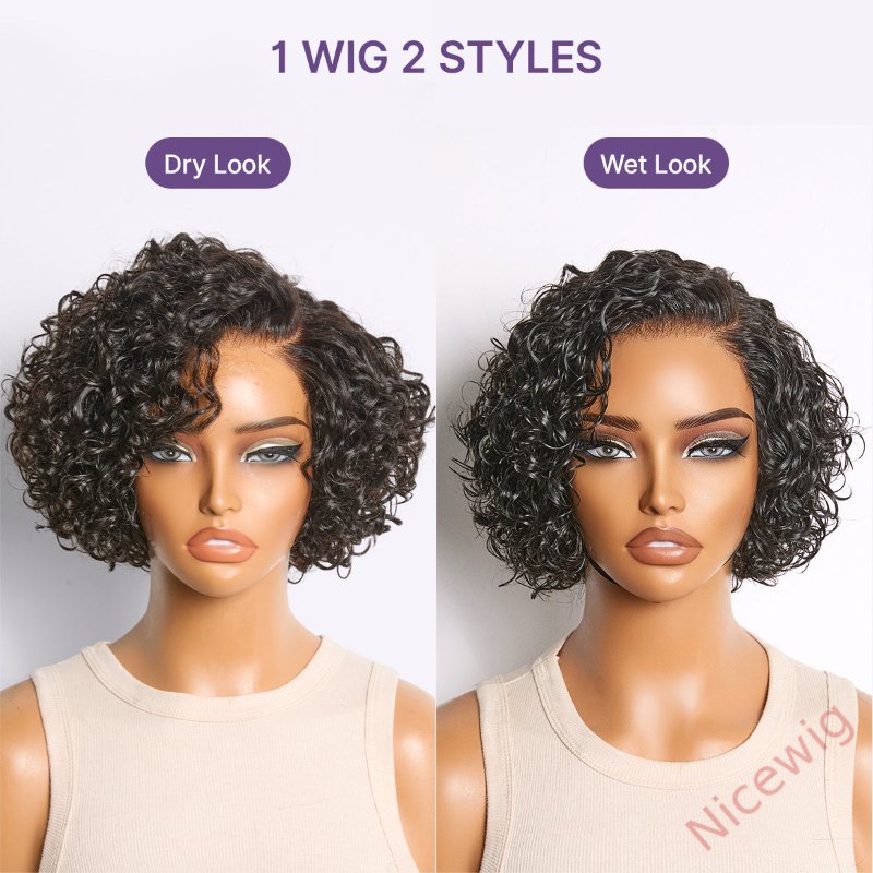 Natural Black / Brown Highlight Water Wave Pixie Cut Glueless Short Curly Wig